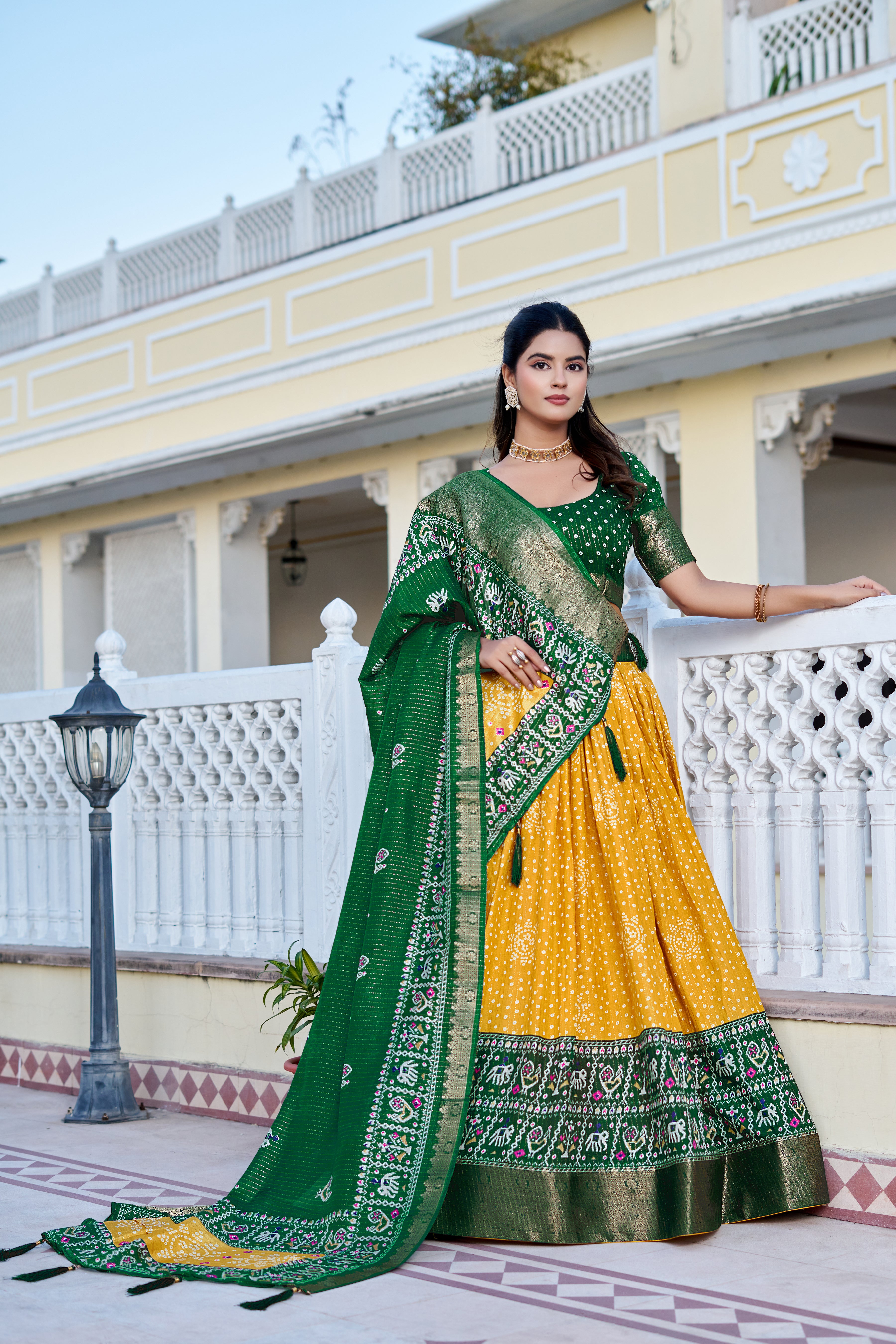 Women's Yellow & Green Heavy Lichi Silk Lehenga Choli with Jacquard Print, Zari Work & Designer Dupatta