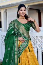 Women's Yellow & Green Heavy Lichi Silk Lehenga Choli with Jacquard Print, Zari Work & Designer Dupatta