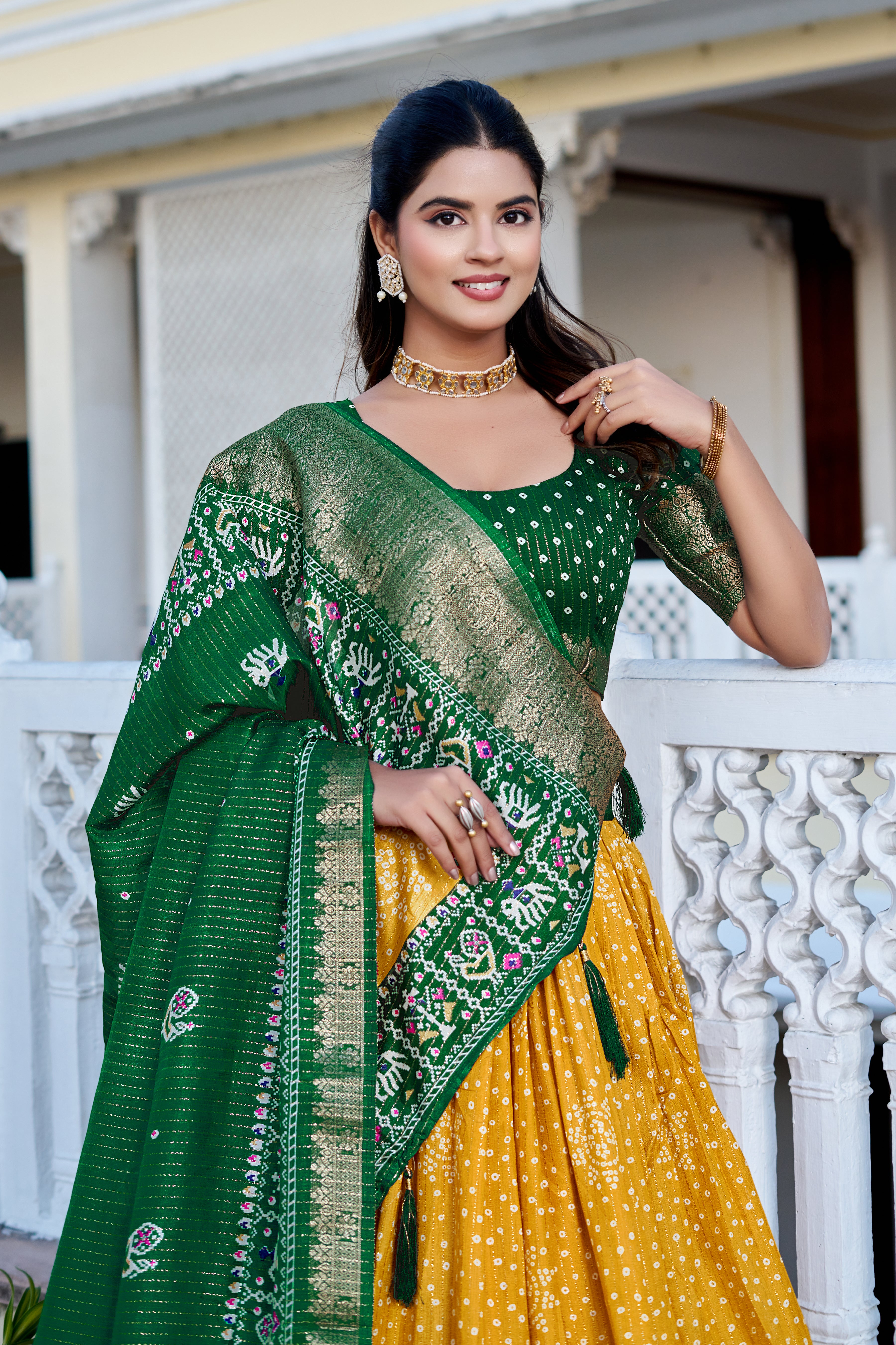Women's Yellow & Green Heavy Lichi Silk Lehenga Choli with Jacquard Print, Zari Work & Designer Dupatta