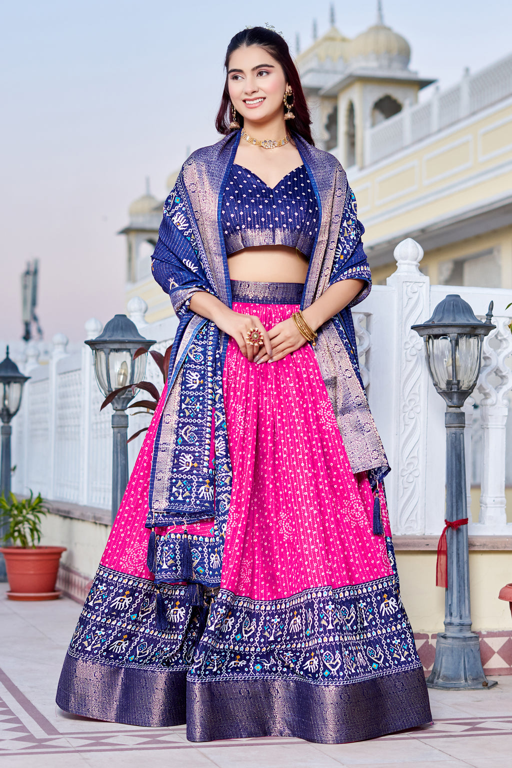 Women's Pink & Navy Blue Designer Lehenga Choli with Traditional Print, Printed Border & Elegant Dupatta | Festive & Wedding Wear
