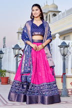 Women's Pink & Navy Blue Designer Lehenga Choli with Traditional Print, Printed Border & Elegant Dupatta | Festive & Wedding Wear