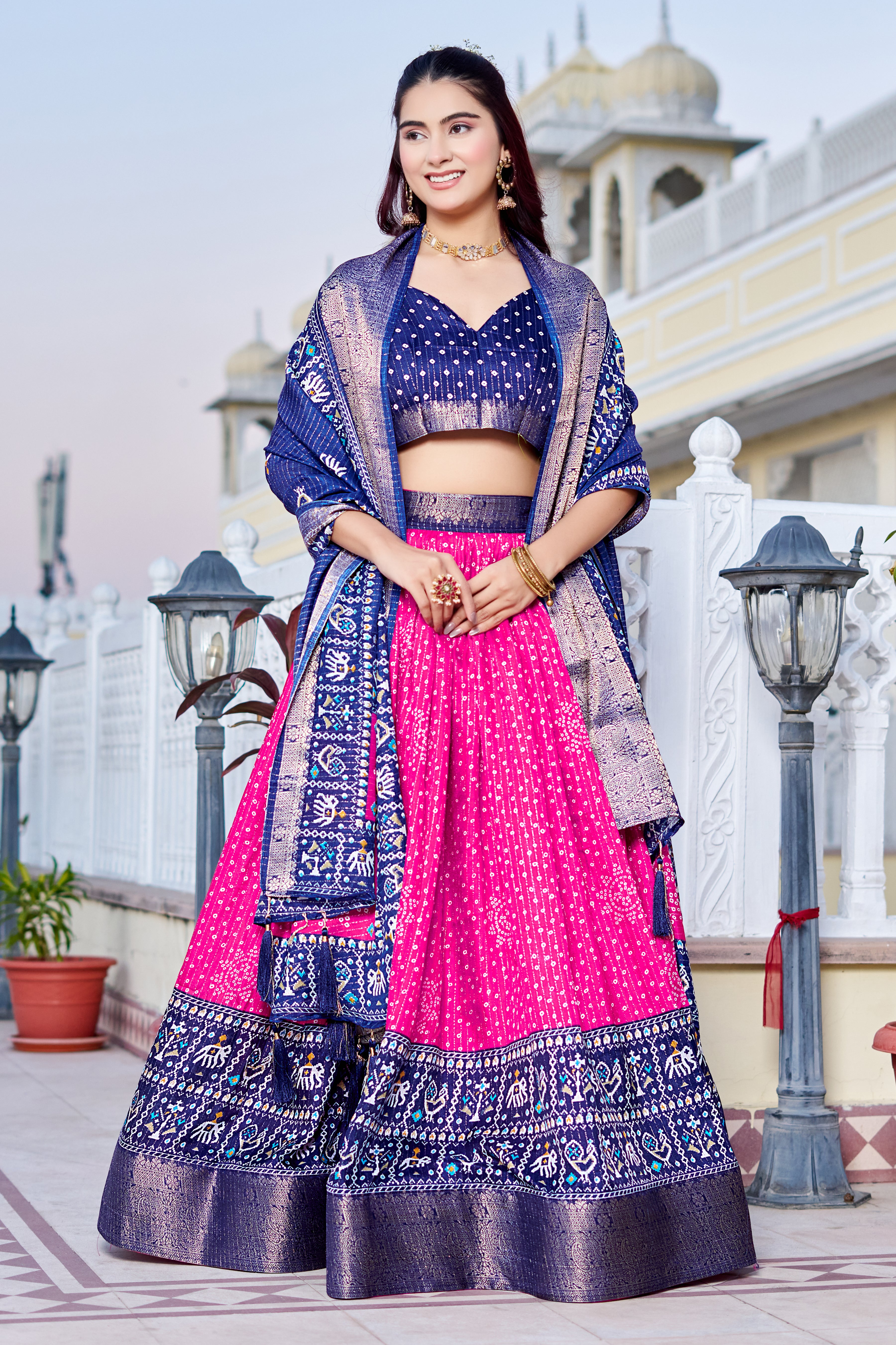 Women's Pink & Navy Blue Designer Lehenga Choli with Traditional Print, Printed Border & Elegant Dupatta | Festive & Wedding Wear