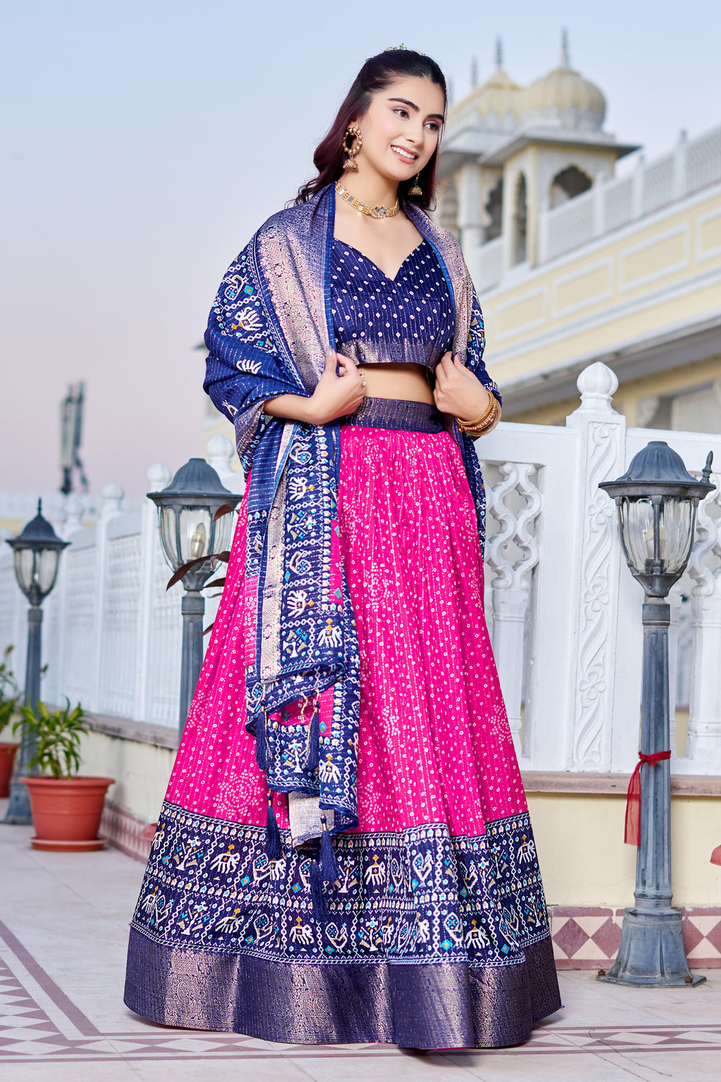 Women's Pink & Navy Blue Designer Lehenga Choli with Traditional Print, Printed Border & Elegant Dupatta | Festive & Wedding Wear