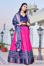 Women's Pink & Navy Blue Designer Lehenga Choli with Traditional Print, Printed Border & Elegant Dupatta | Festive & Wedding Wear