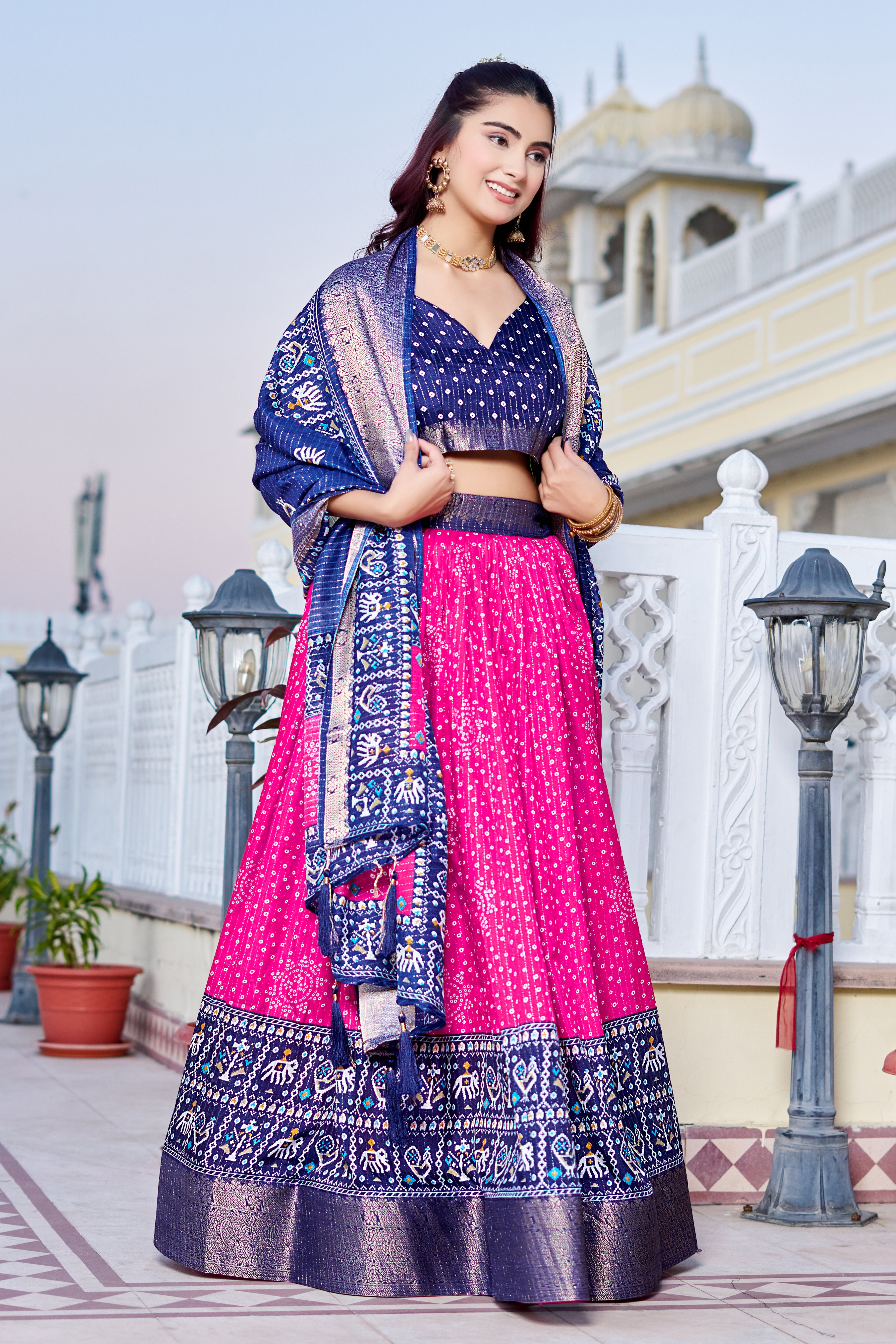 Women's Pink & Navy Blue Designer Lehenga Choli with Traditional Print, Printed Border & Elegant Dupatta | Festive & Wedding Wear