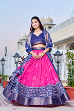 Women's Pink & Navy Blue Designer Lehenga Choli with Traditional Print, Printed Border & Elegant Dupatta | Festive & Wedding Wear