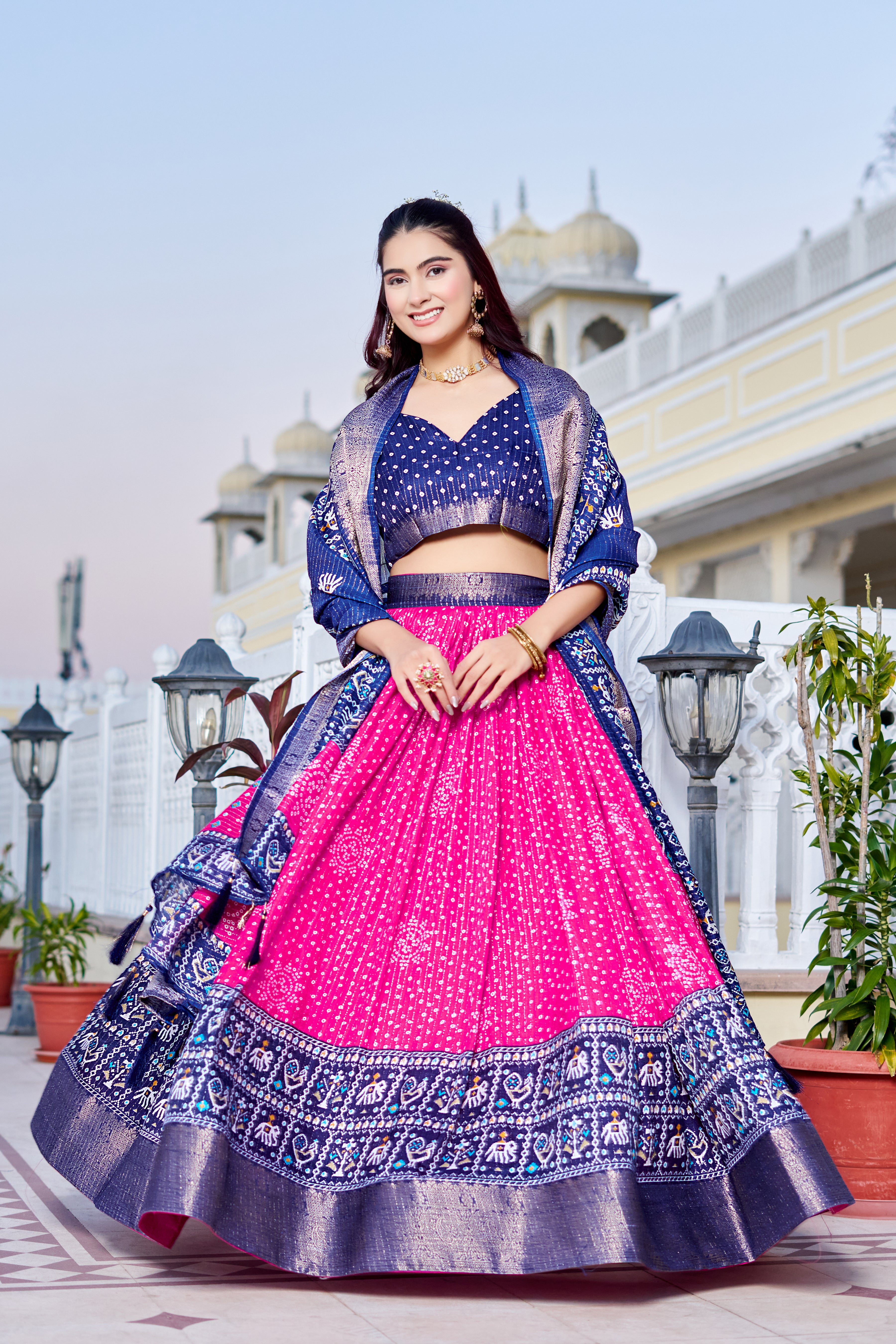 Women's Pink & Navy Blue Designer Lehenga Choli with Traditional Print, Printed Border & Elegant Dupatta | Festive & Wedding Wear