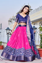 Women's Pink & Navy Blue Designer Lehenga Choli with Traditional Print, Printed Border & Elegant Dupatta | Festive & Wedding Wear