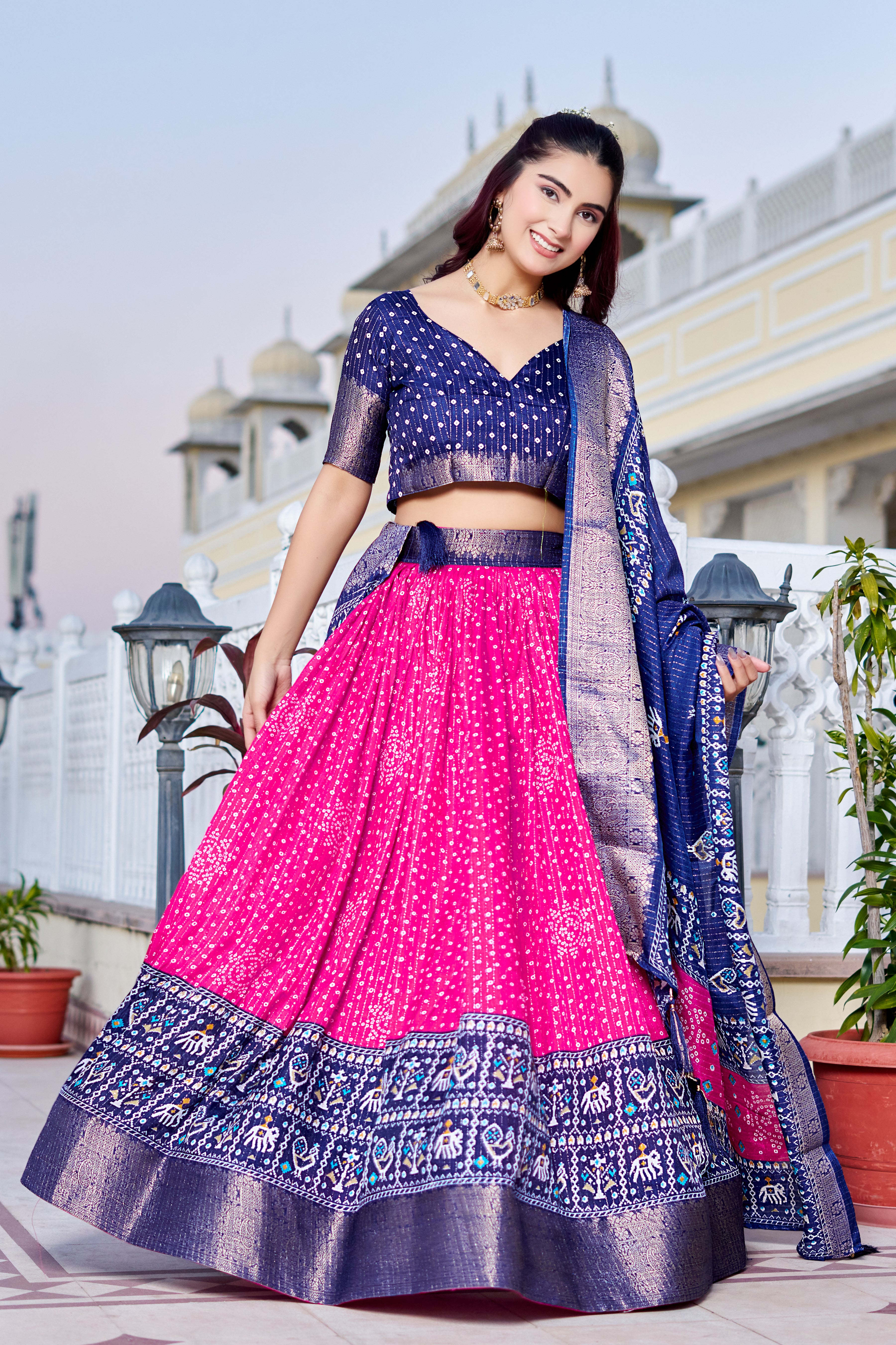 Women's Pink & Navy Blue Designer Lehenga Choli with Traditional Print, Printed Border & Elegant Dupatta | Festive & Wedding Wear