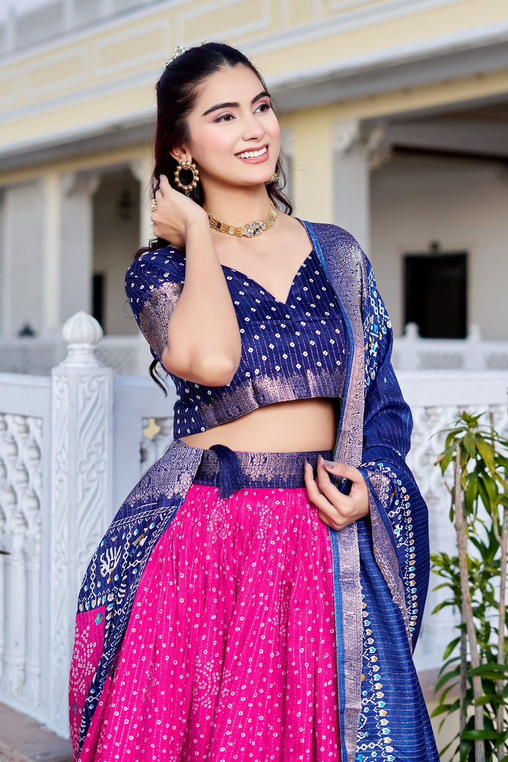 Women's Pink & Navy Blue Designer Lehenga Choli with Traditional Print, Printed Border & Elegant Dupatta | Festive & Wedding Wear