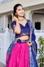 Women's Pink & Navy Blue Designer Lehenga Choli with Traditional Print, Printed Border & Elegant Dupatta | Festive & Wedding Wear