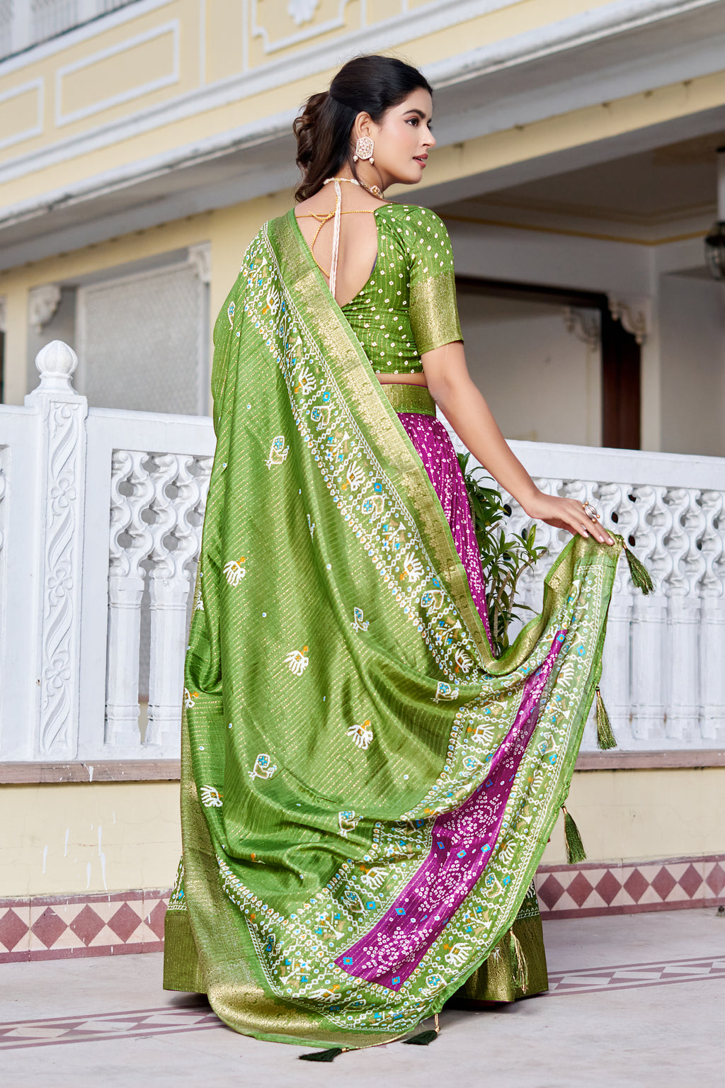 Women's Green & Magenta Designer Lehenga Choli with Traditional Print, Jacquard Border & Dupatta | Festive & Wedding Wear