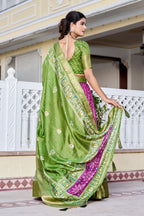 Women's Green & Magenta Designer Lehenga Choli with Traditional Print, Jacquard Border & Dupatta | Festive & Wedding Wear