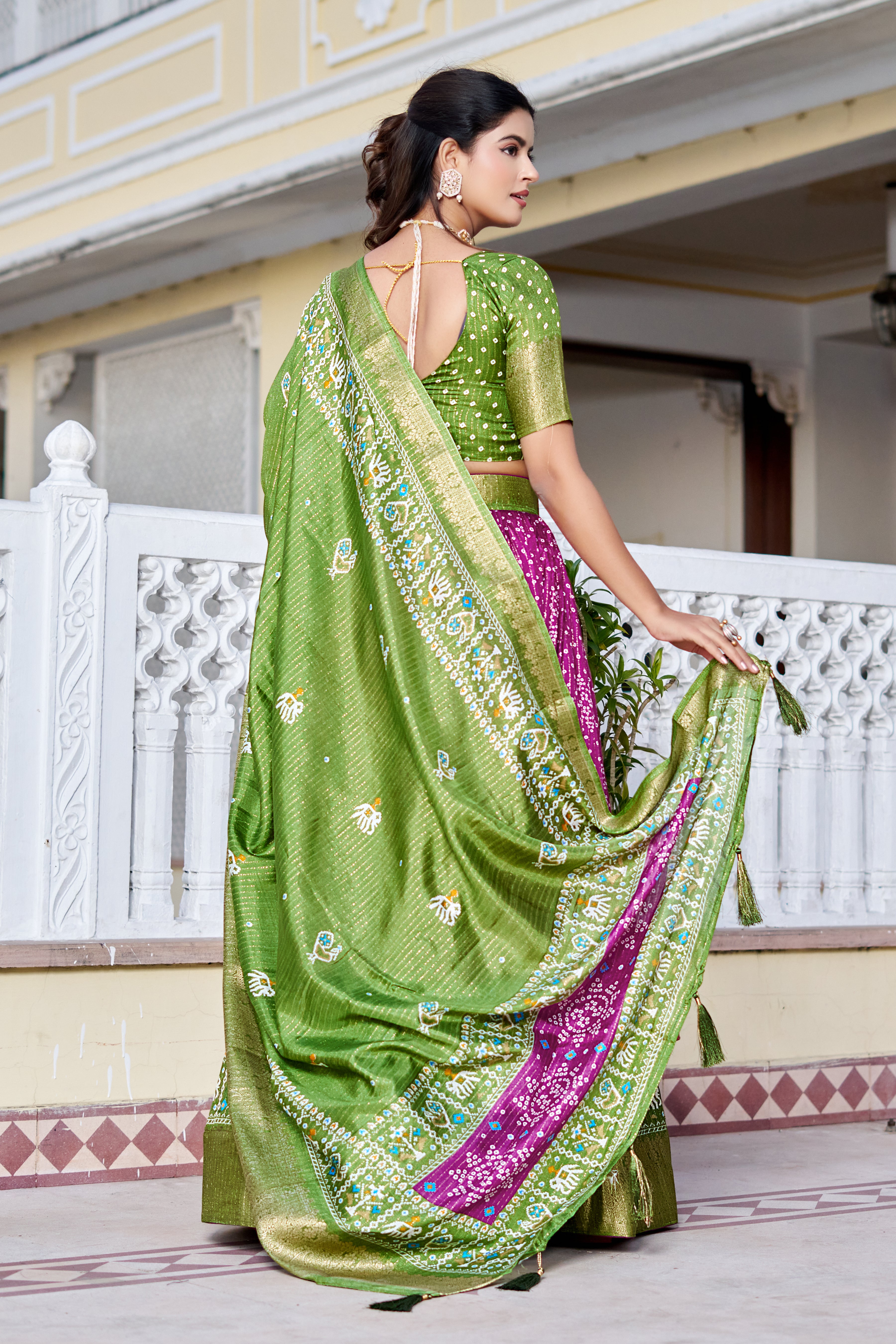 Women's Green & Magenta Designer Lehenga Choli with Traditional Print, Jacquard Border & Dupatta | Festive & Wedding Wear