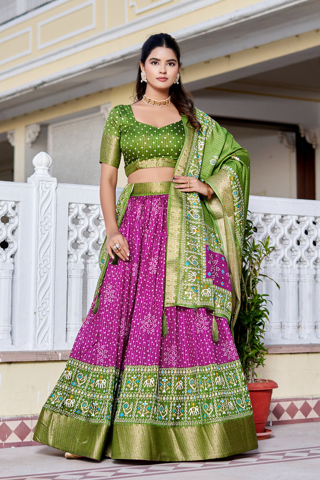 Women's Green & Magenta Designer Lehenga Choli with Traditional Print, Jacquard Border & Dupatta | Festive & Wedding Wear
