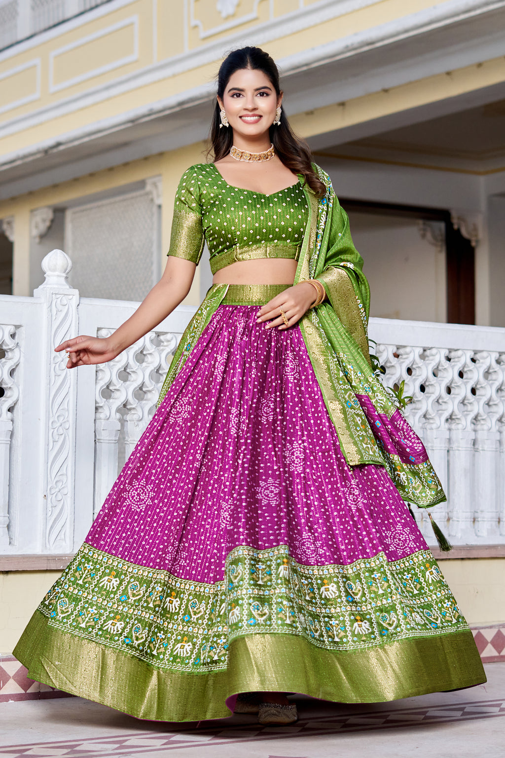 Women's Green & Magenta Designer Lehenga Choli with Traditional Print, Jacquard Border & Dupatta | Festive & Wedding Wear