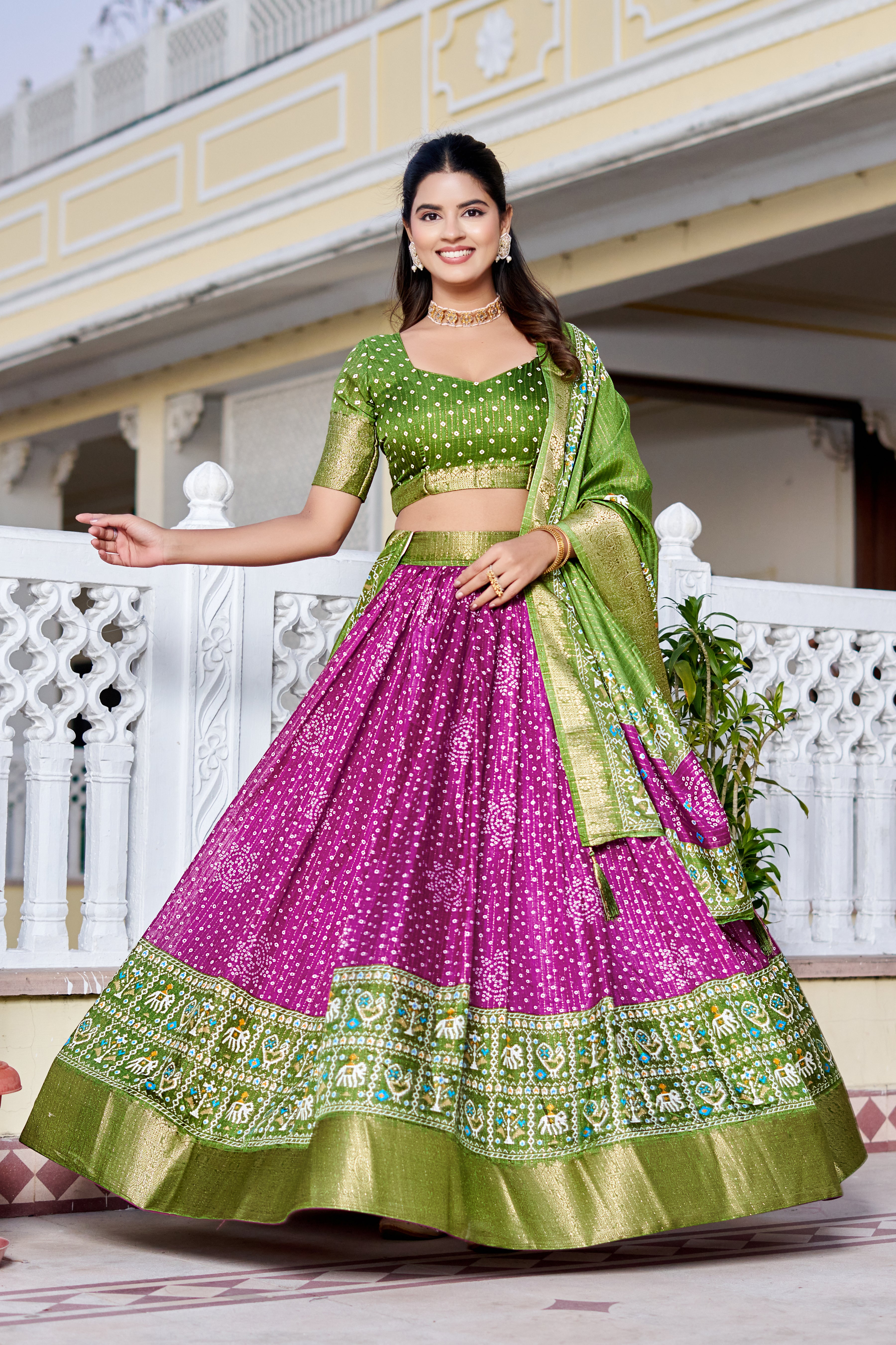 Women's Green & Magenta Designer Lehenga Choli with Traditional Print, Jacquard Border & Dupatta | Festive & Wedding Wear