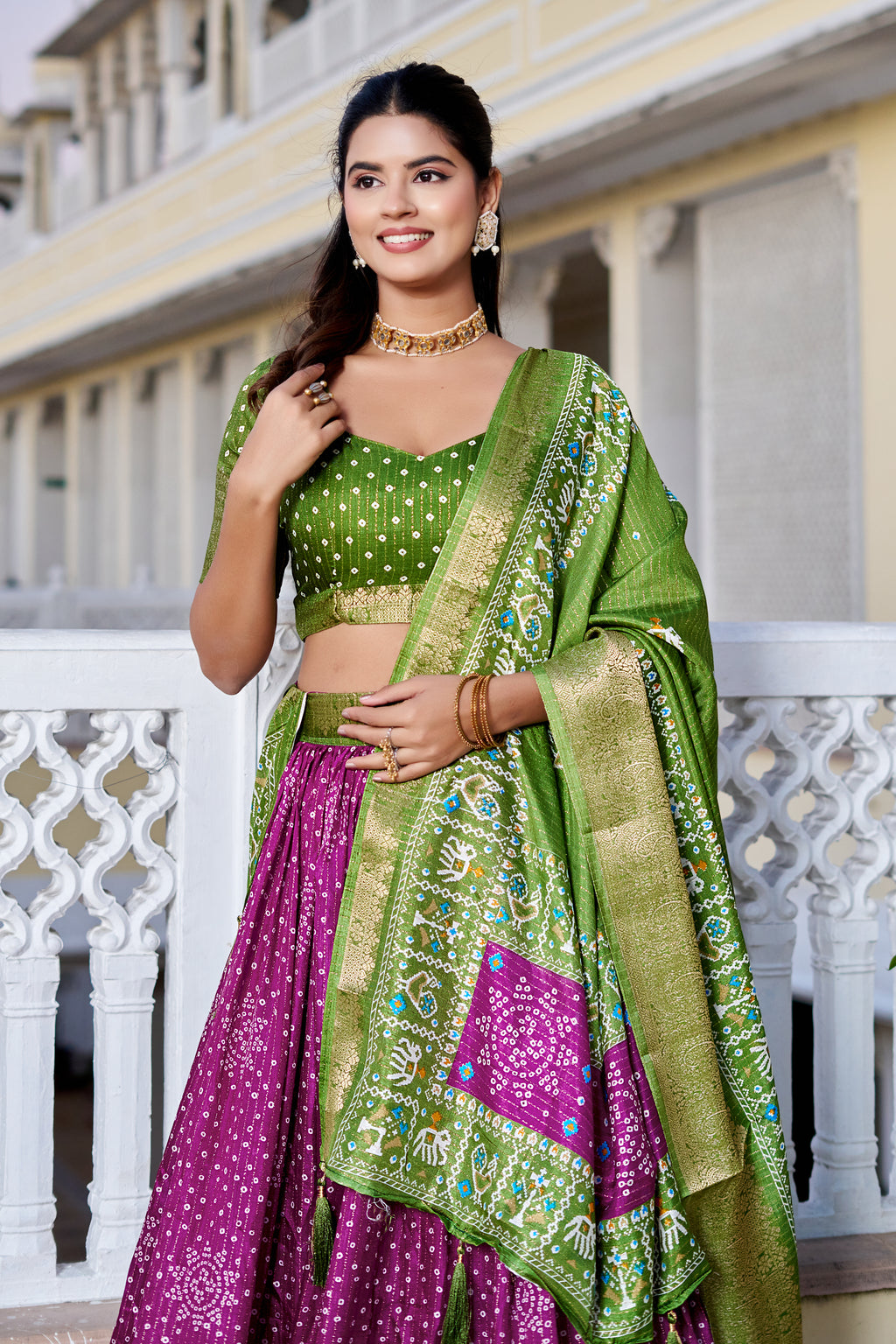 Women's Green & Magenta Designer Lehenga Choli with Traditional Print, Jacquard Border & Dupatta | Festive & Wedding Wear