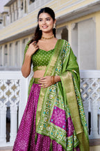 Women's Green & Magenta Designer Lehenga Choli with Traditional Print, Jacquard Border & Dupatta | Festive & Wedding Wear