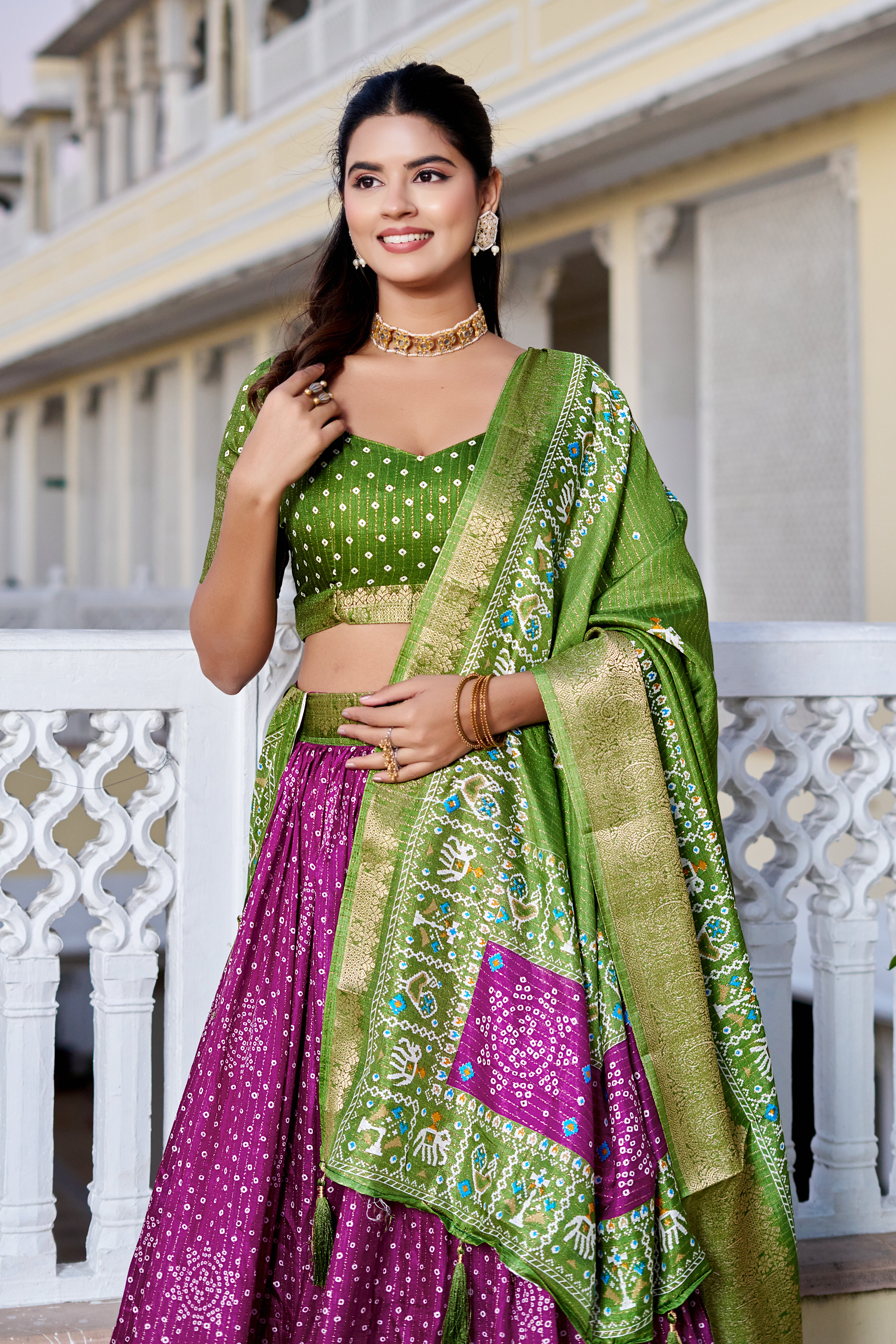 Women's Green & Magenta Designer Lehenga Choli with Traditional Print, Jacquard Border & Dupatta | Festive & Wedding Wear