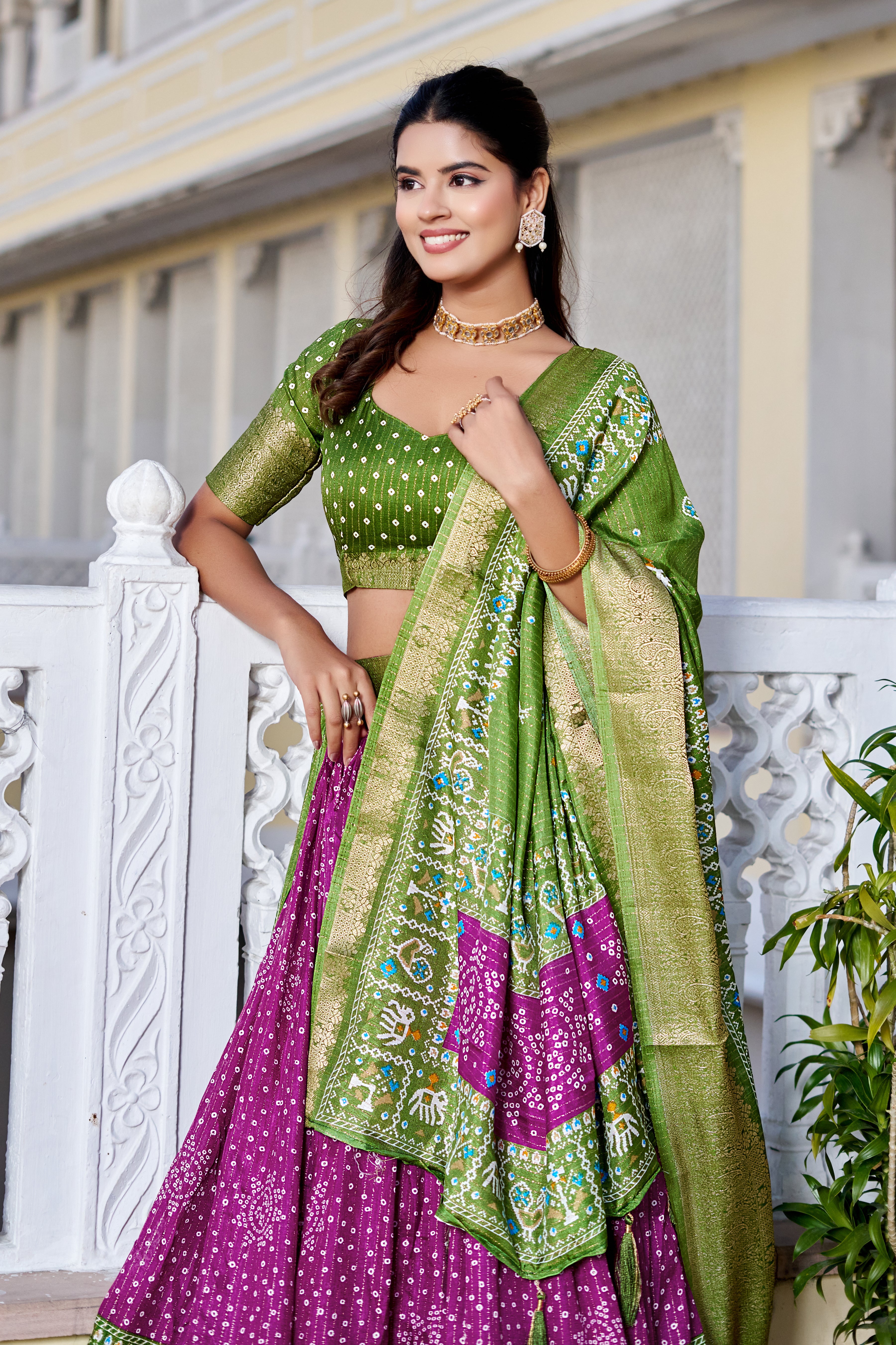 Women's Green & Magenta Designer Lehenga Choli with Traditional Print, Jacquard Border & Dupatta | Festive & Wedding Wear