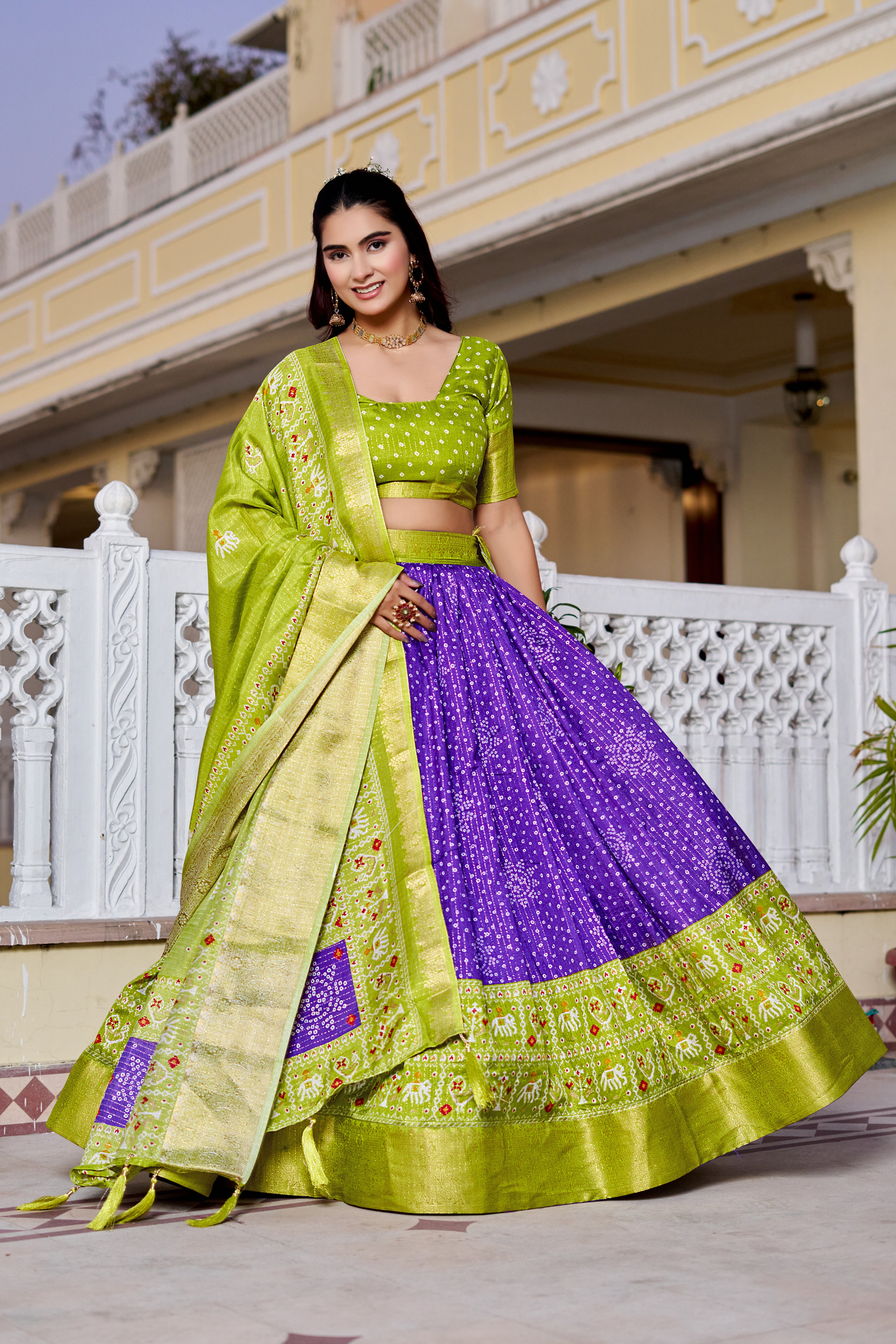Women's Green & Purple Designer Lehenga Choli with Traditional Print, Jacquard Border & Dupatta | Festive & Wedding Wear