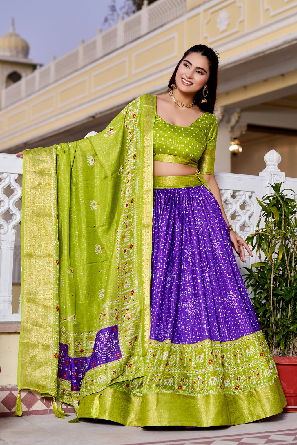 Women's Green & Purple Designer Lehenga Choli with Traditional Print, Jacquard Border & Dupatta | Festive & Wedding Wear