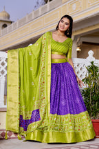 Women's Green & Purple Designer Lehenga Choli with Traditional Print, Jacquard Border & Dupatta | Festive & Wedding Wear