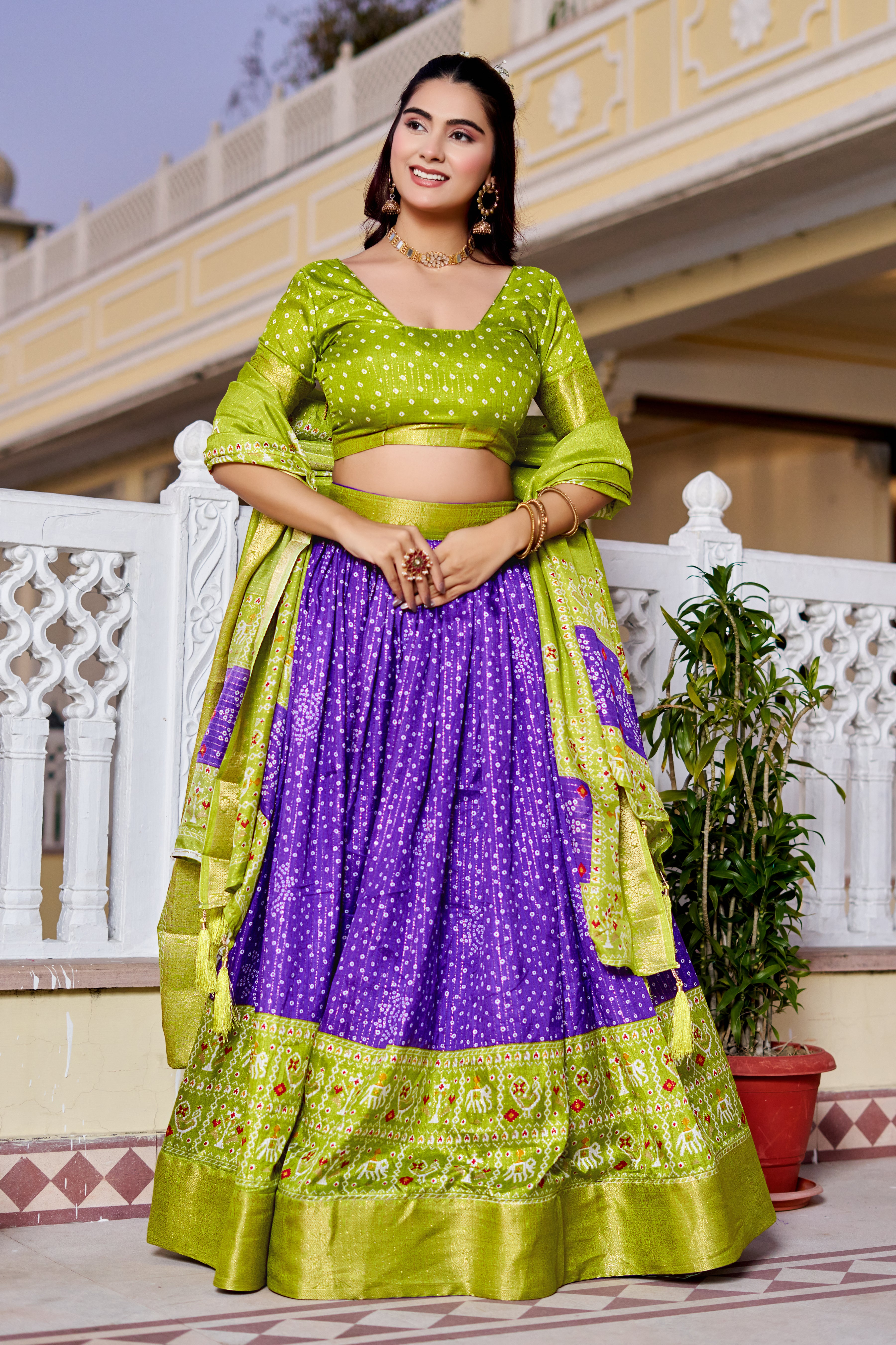 Women's Green & Purple Designer Lehenga Choli with Traditional Print, Jacquard Border & Dupatta | Festive & Wedding Wear