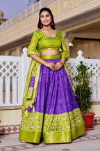 Women's Green & Purple Designer Lehenga Choli with Traditional Print, Jacquard Border & Dupatta | Festive & Wedding Wear