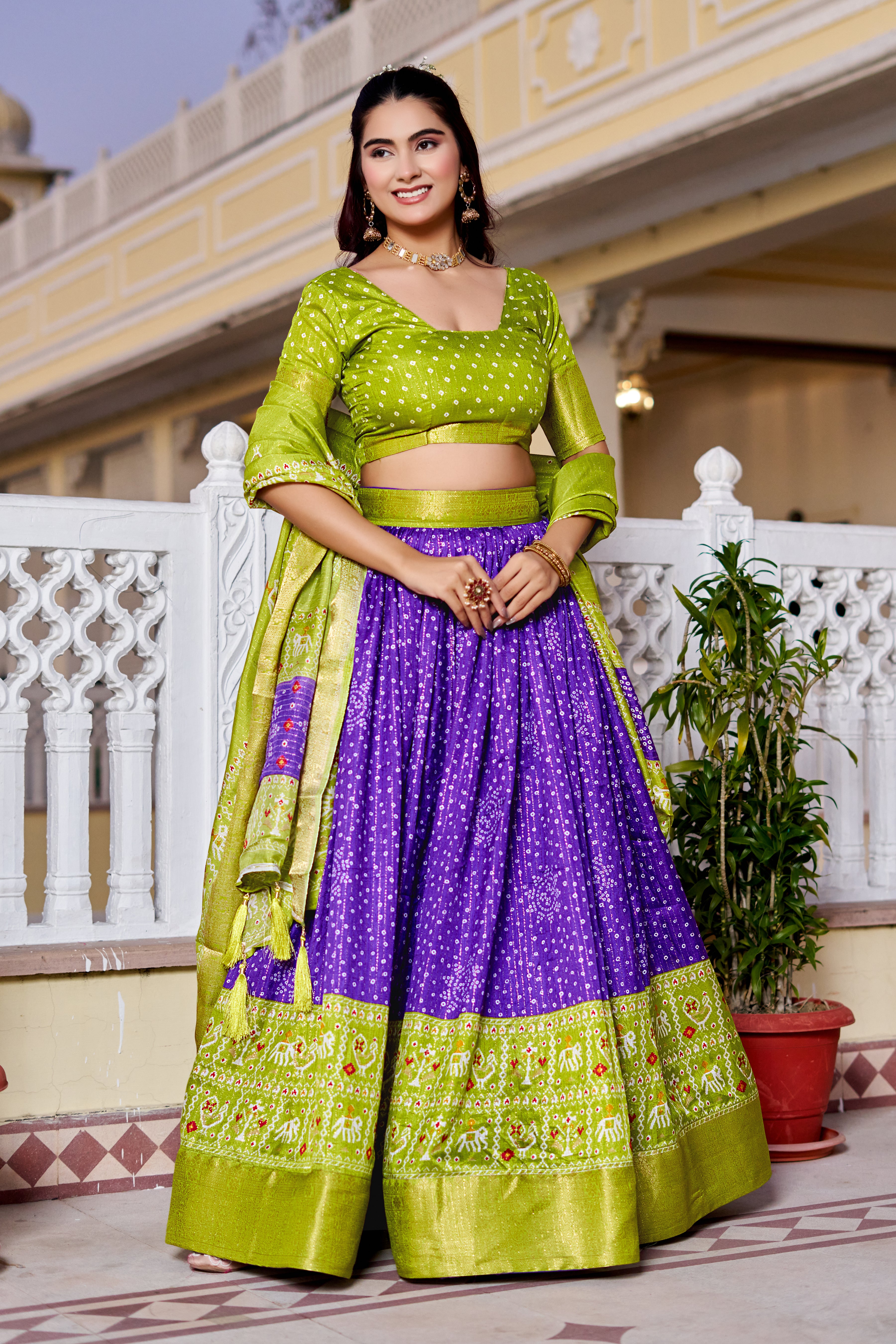 Women's Green & Purple Designer Lehenga Choli with Traditional Print, Jacquard Border & Dupatta | Festive & Wedding Wear