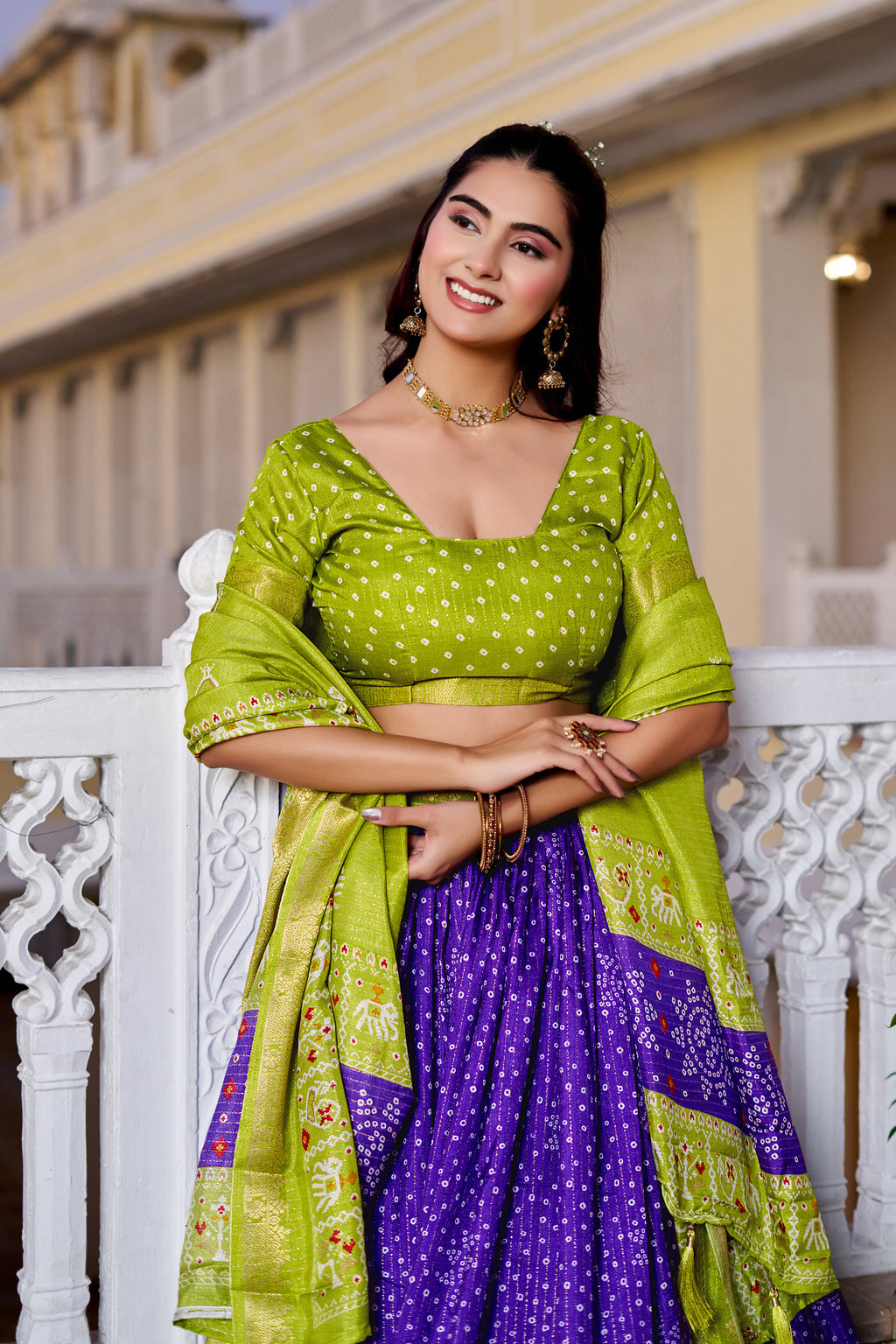 Women's Green & Purple Designer Lehenga Choli with Traditional Print, Jacquard Border & Dupatta | Festive & Wedding Wear