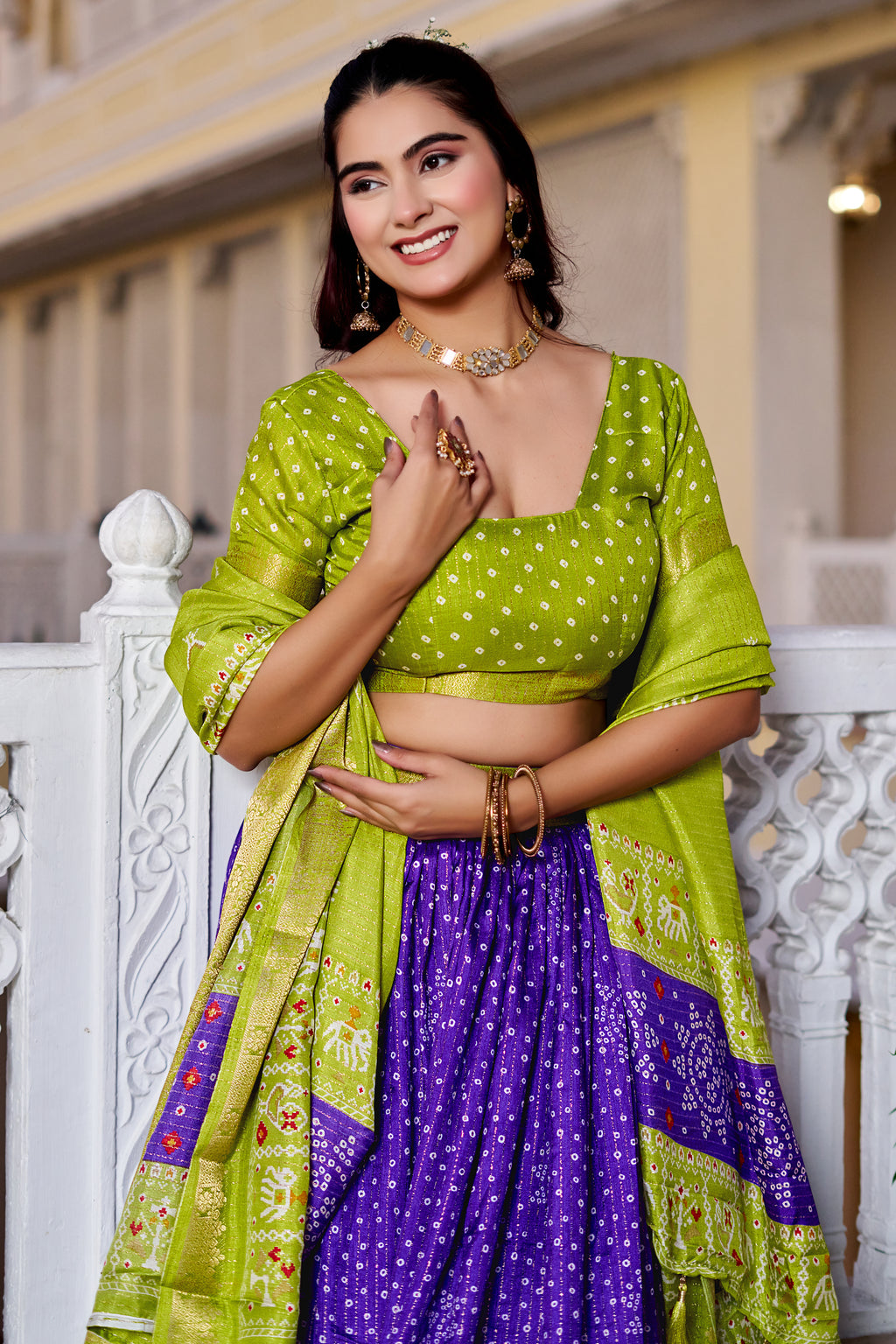 Women's Green & Purple Designer Lehenga Choli with Traditional Print, Jacquard Border & Dupatta | Festive & Wedding Wear
