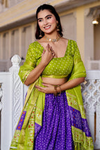 Women's Green & Purple Designer Lehenga Choli with Traditional Print, Jacquard Border & Dupatta | Festive & Wedding Wear