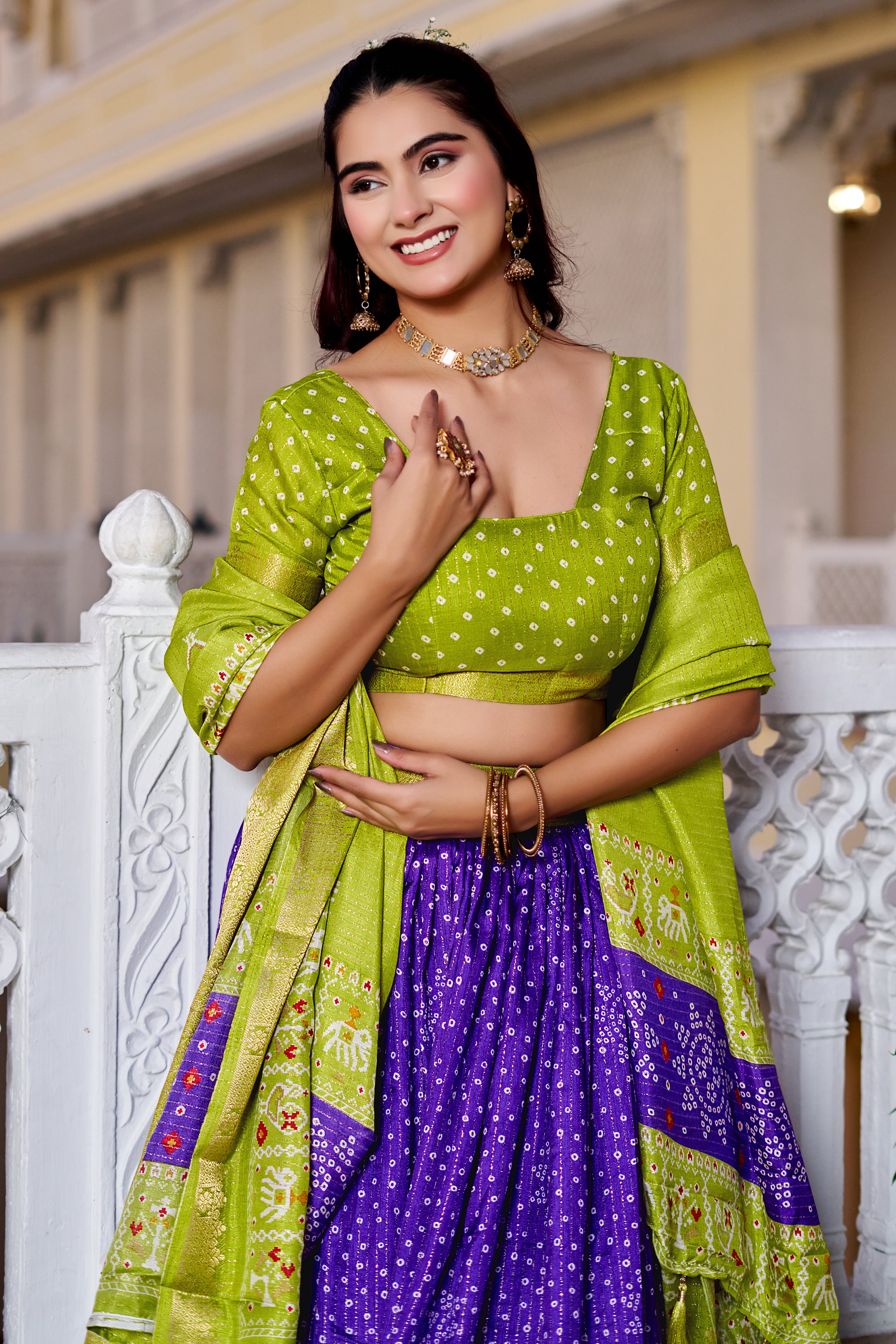 Women's Green & Purple Designer Lehenga Choli with Traditional Print, Jacquard Border & Dupatta | Festive & Wedding Wear