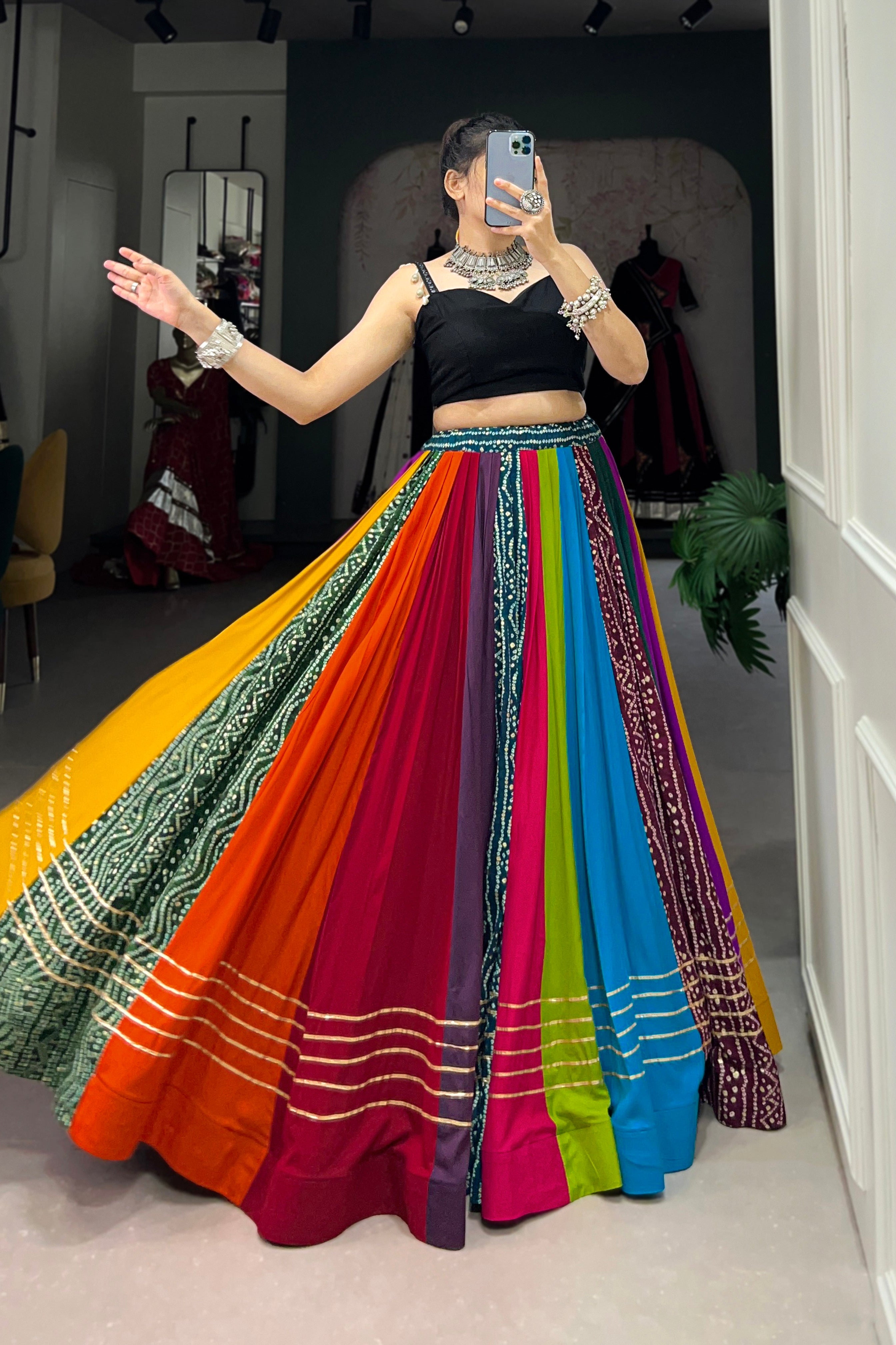Women's Multicolor Pure Rayon Lehenga Choli with Gota Patti, Paper Mirror & Cowrie Lace Work | Festive & Navratri Wear