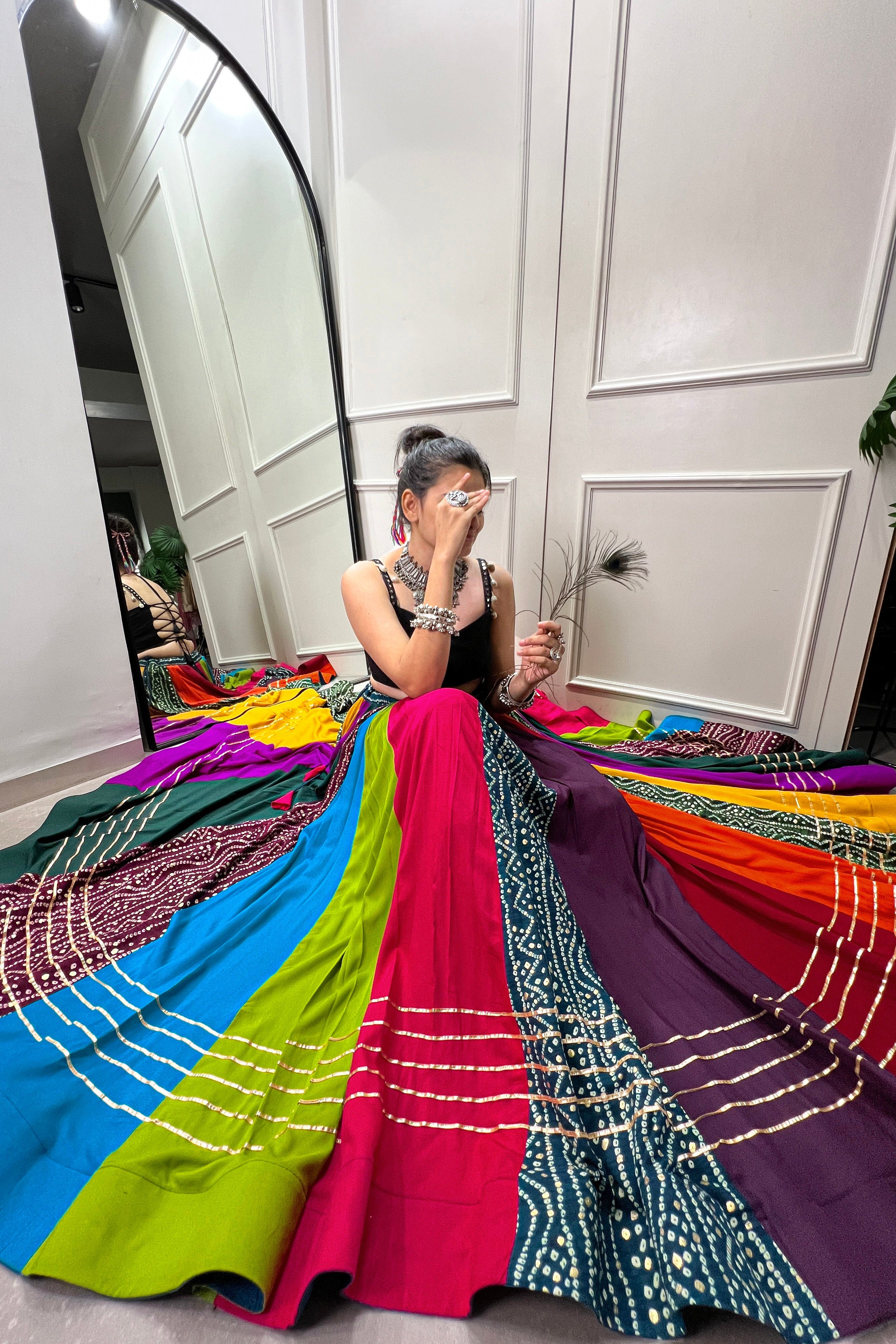 Women's Multicolor Pure Rayon Lehenga Choli with Gota Patti, Paper Mirror & Cowrie Lace Work | Festive & Navratri Wear