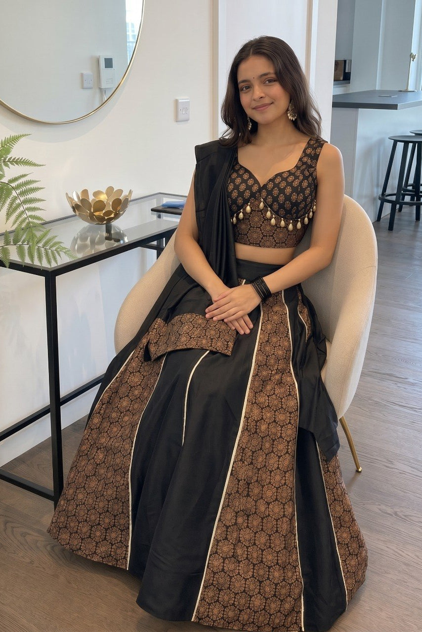 Women's Black Cotton Ajrakh Print Navratri Lehenga Choli with Dupatta | Dandiya, Festival & Ethnic Wear