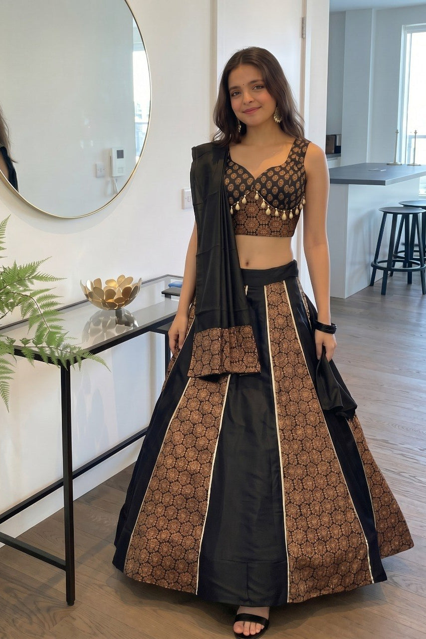 Women's Black Cotton Ajrakh Print Navratri Lehenga Choli with Dupatta | Dandiya, Festival & Ethnic Wear