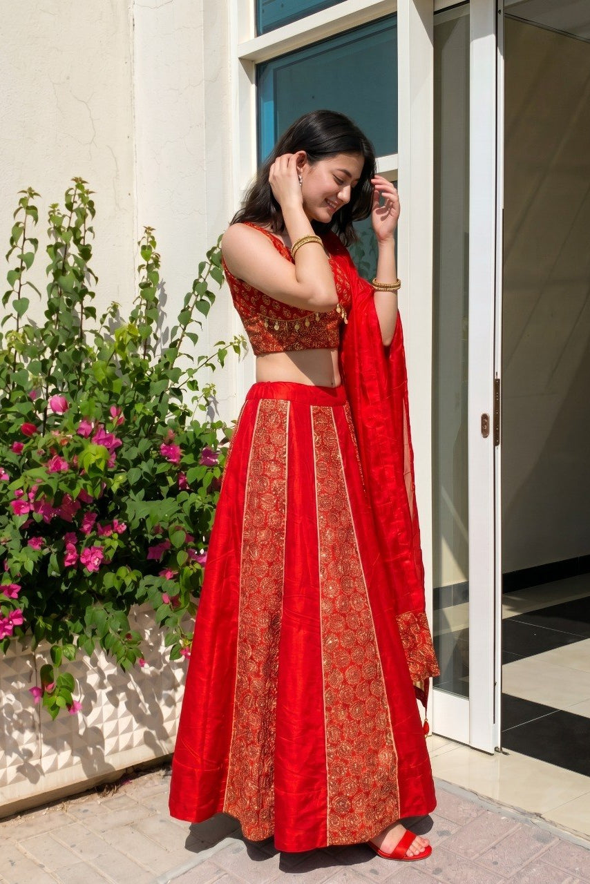 Women's Red Cotton Ajrakh Print Navratri Lehenga Choli with Dupatta | Dandiya, Festival & Ethnic Wear