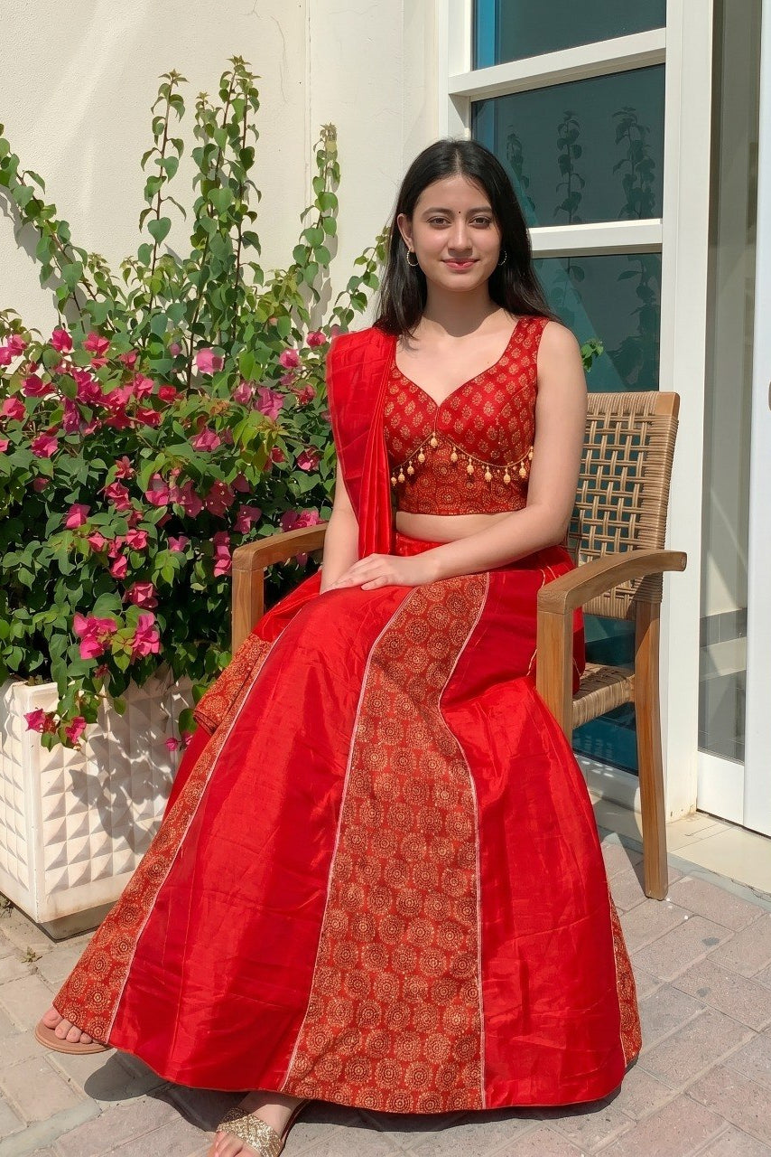 Women's Red Cotton Ajrakh Print Navratri Lehenga Choli with Dupatta | Dandiya, Festival & Ethnic Wear