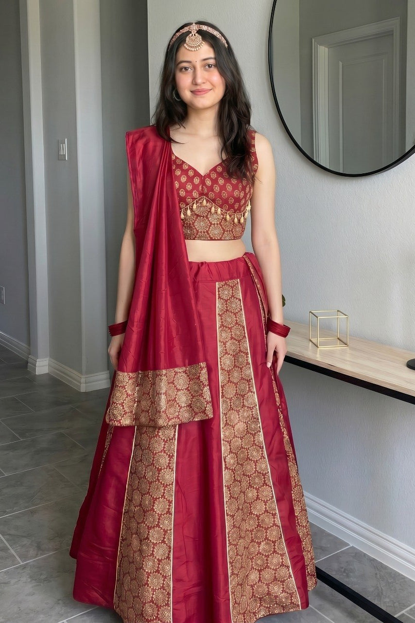 Women's Wine Cotton Ajrakh Print Navratri Lehenga Choli with Dupatta | Dandiya, Festival & Ethnic Wear