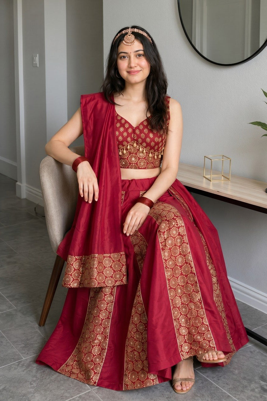 Women's Wine Cotton Ajrakh Print Navratri Lehenga Choli with Dupatta | Dandiya, Festival & Ethnic Wear