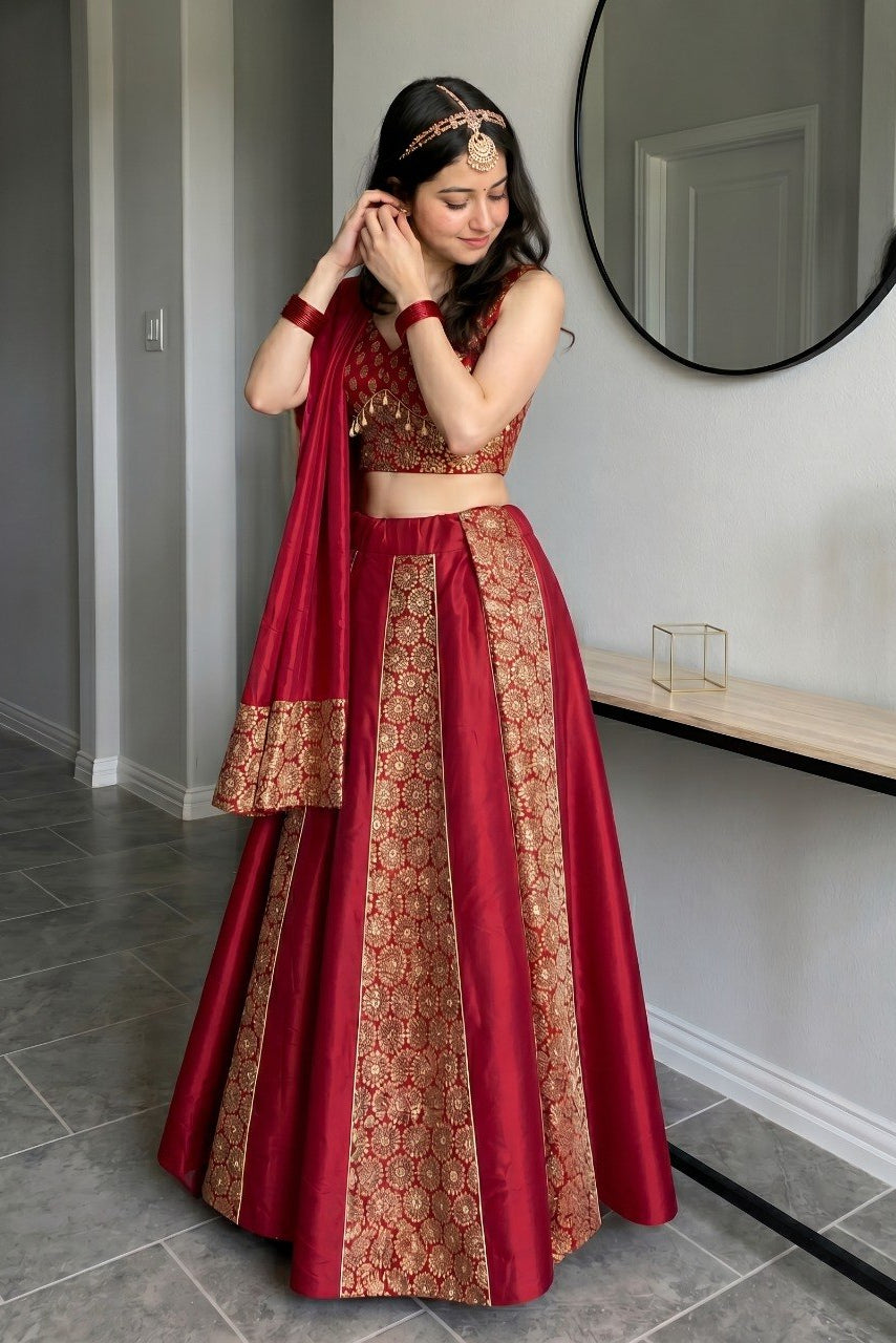 Women's Wine Cotton Ajrakh Print Navratri Lehenga Choli with Dupatta | Dandiya, Festival & Ethnic Wear