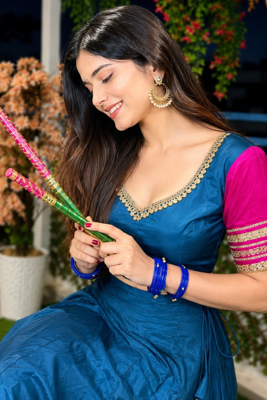 Women's Teal Blue Pure Rayon Navratri Lehenga Choli | Traditional Dandiya, Festival & Party Wear