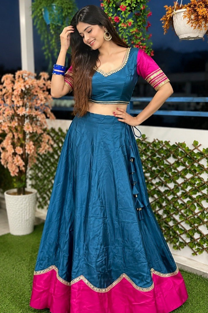 Women's Teal Blue Pure Rayon Navratri Lehenga Choli | Traditional Dandiya, Festival & Party Wear