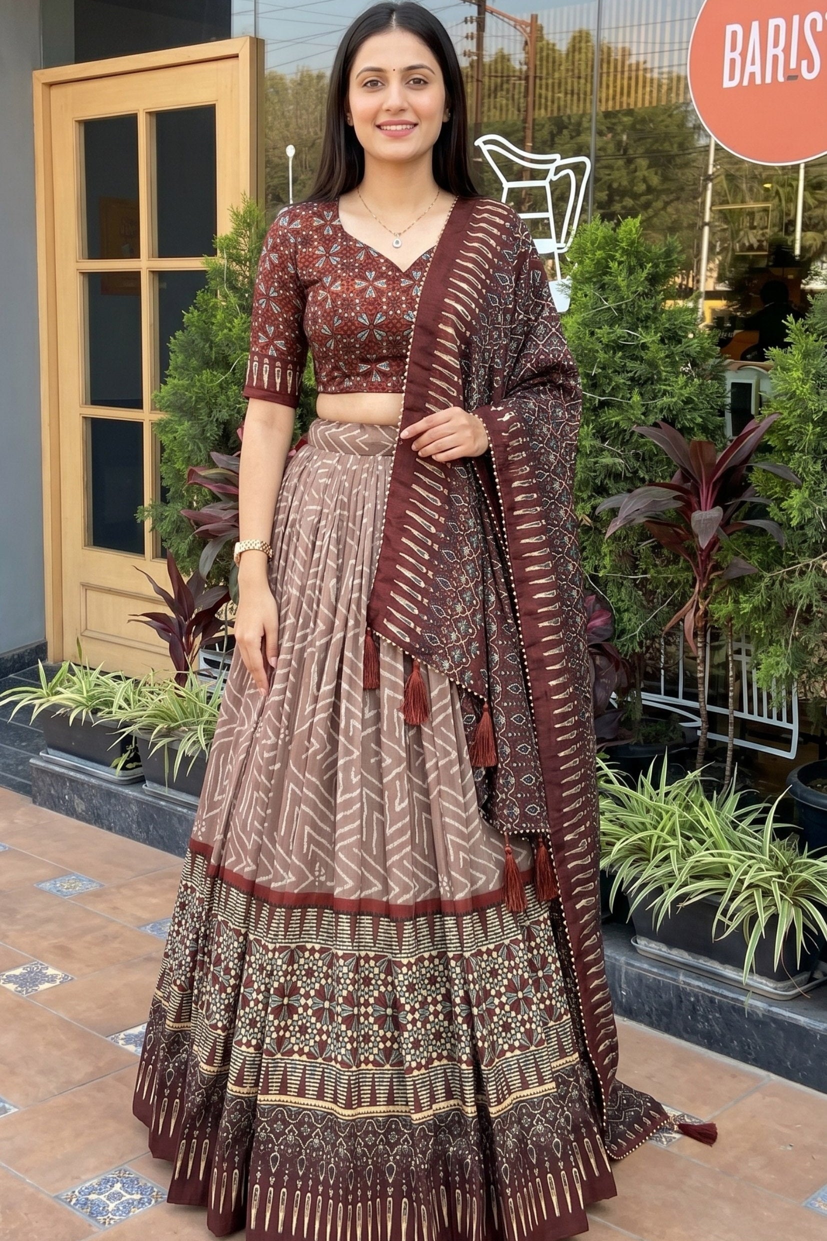 Women's Brown Tussar Silk Ajrakh Print Lehenga Choli with Dupatta | Designer Navratri, Garba, Dandiya, Wedding & Festive Wear Lehenga Set
