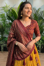 Women's Mustard Yellow Tussar Silk Ajrakh Print Lehenga Choli with Dupatta | Designer Navratri, Garba, Dandiya, Wedding & Festive Wear Lehenga Set