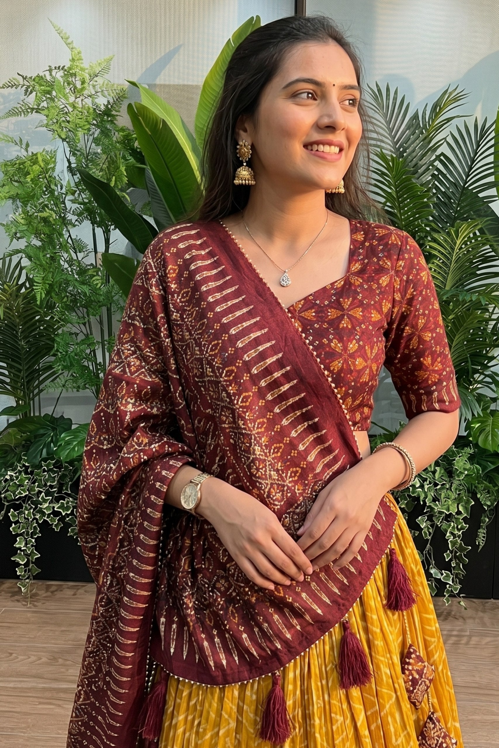 Women's Mustard Yellow Tussar Silk Ajrakh Print Lehenga Choli with Dupatta | Designer Navratri, Garba, Dandiya, Wedding & Festive Wear Lehenga Set