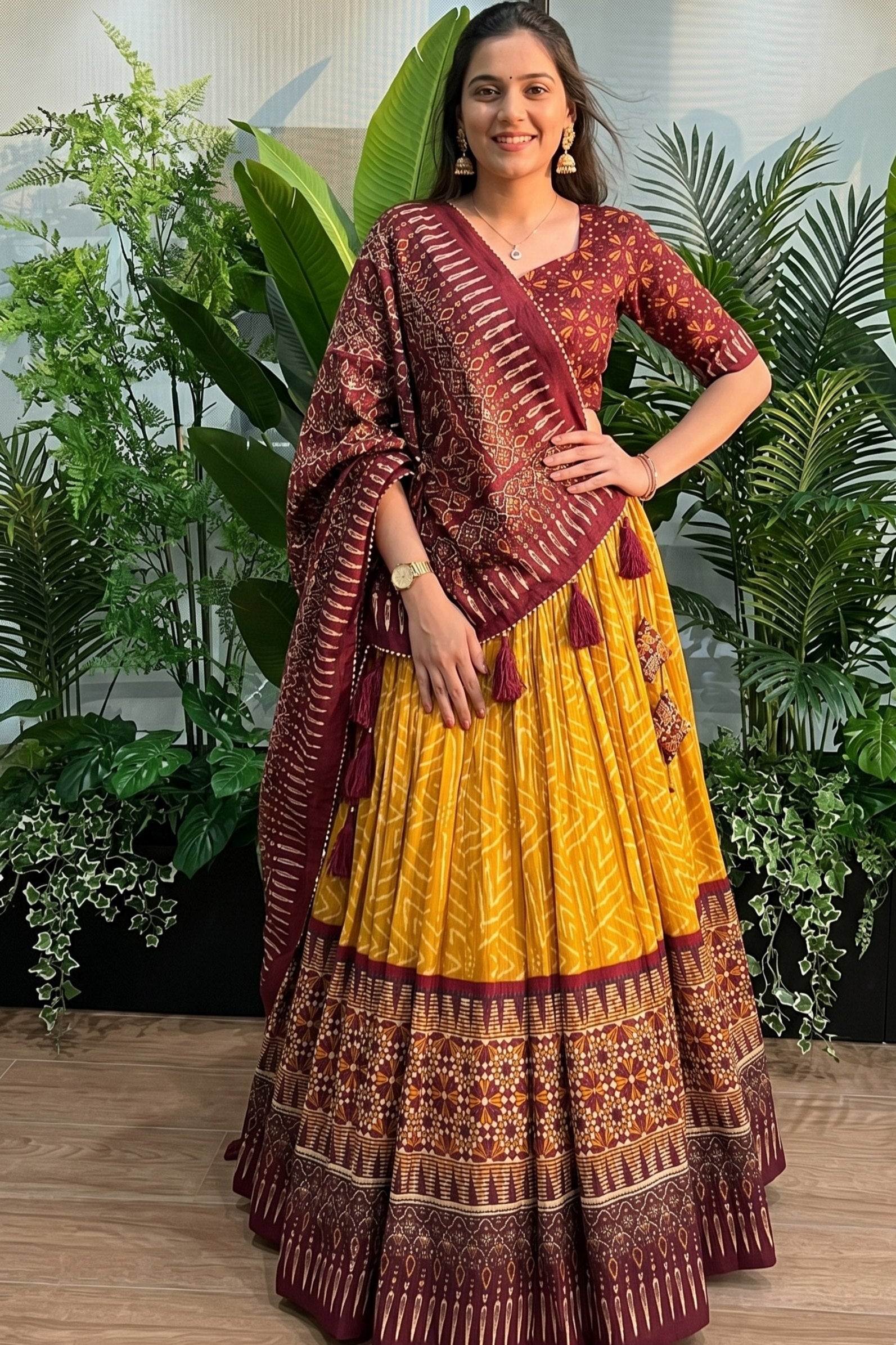 Women's Mustard Yellow Tussar Silk Ajrakh Print Lehenga Choli with Dupatta | Designer Navratri, Garba, Dandiya, Wedding & Festive Wear Lehenga Set